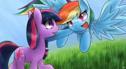 Size: 1960x1080 | Tagged: safe, artist:dshou, derpibooru import, rainbow dash, twilight sparkle, pegasus, pony, unicorn, colored pupils, crepuscular rays, duo, female, flying, grass, lesbian, mare, open mouth, shipping, spread wings, twidash, wings