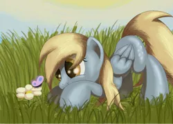 Size: 1400x1000 | Tagged: safe, artist:grennadder, derpibooru import, derpy hooves, butterfly, insect, pegasus, pony, female, flower, grass, mare