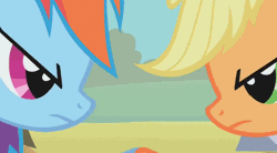 Size: 704x390 | Tagged: safe, artist:dtkraus, derpibooru import, edit, edited screencap, screencap, applejack, rainbow dash, fall weather friends, angry, animated, appledash, blushing, bust, close-up, female, lesbian, licking, looking at each other, open mouth, portrait, shipping, smiling, tongue out