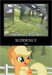 Size: 494x711 | Tagged: apple, applejack, demotivational poster, derpibooru import, meme, safe, screencap, solo, that pony sure does love apples