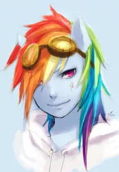 Size: 599x866 | Tagged: ambiguous facial structure, anthro, artist:reituki, derpibooru import, goggles, rainbow dash, safe, solo