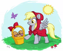 Size: 1134x924 | Tagged: safe, artist:drchrissy, derpibooru import, derpy hooves, butterfly, pegasus, pony, cloak, clothes, female, little red riding hood, mare, muffin, parody, solo, sun