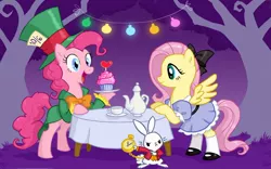 Size: 1250x781 | Tagged: safe, artist:drchrissy, derpibooru import, angel bunny, fluttershy, pinkie pie, earth pony, pegasus, pony, rabbit, alice in wonderland, animal, broken comment counter, clothes, crossover, cupcake, cute, dress, heart, mad hatter, mary janes, open mouth, parody, pocket watch, smiling, tea, tea party