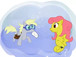 Size: 1024x768 | Tagged: safe, artist:zeph, derpibooru import, derpy hooves, oc, pegasus, pony, sea pony, bag, female, goggles, letter, mare, saddle bag, swimming goggles, underwater, water