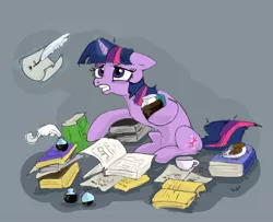 Size: 948x770 | Tagged: artist:lueza-35, book, coffee, cookie, derpibooru import, inkwell, quill, safe, solo, studying, twilight sparkle