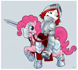 Size: 1122x1021 | Tagged: safe, artist:r perils, derpibooru import, pinkie pie, earth pony, pony, armor, bridle, crossover, duo, female, gray background, humans riding ponies, mare, plate armor, raised hoof, reins, riding, ruby gloom, saddle, simple background, sword, weapon