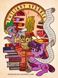 Size: 1350x1800 | Tagged: artist:frauv8, book, derpibooru import, golden oaks library, owlowiscious, quill, safe, scroll, spike, twilight sparkle