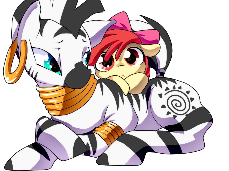 Size: 800x600 | Tagged: safe, artist:nabe, derpibooru import, apple bloom, zecora, earth pony, pony, zebra, adorabloom, cuddling, cute, duo, female, filly, floppy ears, hnnng, leaning, lidded eyes, looking at you, prone, simple background, smiling, snuggling, white background, wide eyes, zecorable