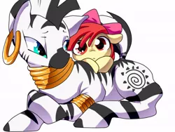 Size: 800x600 | Tagged: safe, artist:nabe, derpibooru import, apple bloom, zecora, earth pony, pony, zebra, adorabloom, cuddling, cute, duo, female, filly, floppy ears, hnnng, leaning, lidded eyes, looking at you, prone, simple background, smiling, snuggling, white background, wide eyes, zecorable