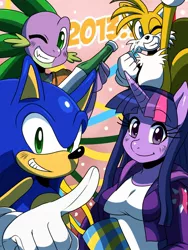 Size: 1136x1508 | Tagged: anthro, artist:ss2sonic, breasts, busty twilight sparkle, crossover, derpibooru import, miles "tails" prower, safe, sonic the hedgehog, sonic the hedgehog (series), spike, twilight sparkle