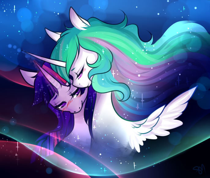 Size: 686x583 | Tagged: artist:linoleumitalics, blushing, derpibooru import, female, lesbian, nuzzling, princess celestia, safe, shipping, twilestia, twilight sparkle