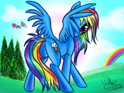 Size: 1024x768 | Tagged: safe, artist:1234lert7nan2, derpibooru import, rainbow dash, pegasus, pony, butt, female, looking at you, looking back, looking back at you, mare, plot, solo, tree