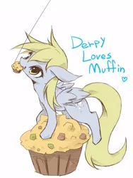 Size: 450x600 | Tagged: safe, artist:kolshica, derpibooru import, derpy hooves, pegasus, pony, female, mare, muffin, pixiv, solo, that pony sure does love muffins