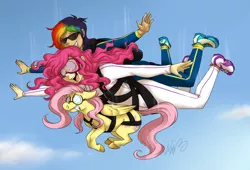 Size: 1280x871 | Tagged: artist:cartoonlion, commission, dead source, derpibooru import, falling, fluttershy, futa, futa fluttershy, futaverse, humanized, intersex, oc, oc:futashy, pinkie pie, rainbow dash, safe, skydiving