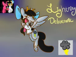 Size: 1400x1050 | Tagged: safe, artist:cotton, derpibooru import, oc, oc:lightning dee, oc:windows, unofficial characters only, pegasus, pony, abstract background, bow, clothes, female, flying, gradient background, homestuck, mare, plushie, shoes, solo, spread wings, sweater