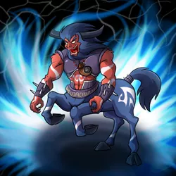 Size: 1000x1000 | Tagged: artist:madmax, black background, blue fire, centaur, cloven hooves, derpibooru import, g1, lord tirek, male, rearing, safe, simple background, solo, spiked wristband, tail wrap, tirac, tirac's bag, wristband