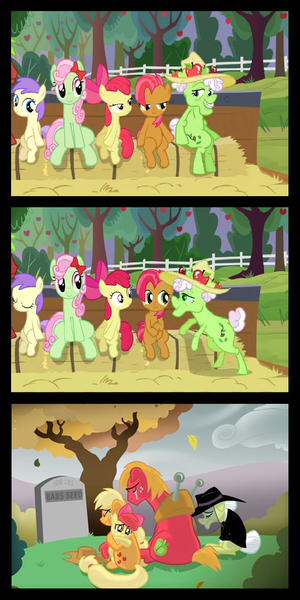 Size: 650x1300 | Tagged: safe, derpibooru import, apple bloom, applejack, auntie applesauce, babs seed, big macintosh, granny smith, earth pony, pony, comic, crying, female, filly, grave, how babs died, hug, implied death, implied foalcon, implied sex, male, mare, stallion