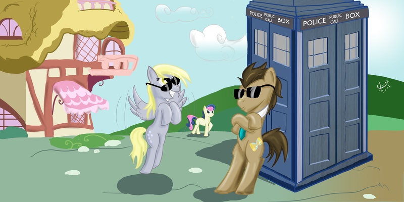 Size: 5000x2500 | Tagged: safe, artist:ultimakeyblader, derpibooru import, bon bon, derpy hooves, doctor whooves, sweetie drops, time turner, ponified, pegasus, pony, crossover, doctor who, female, mare, sunglasses, tardis