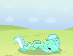 Size: 2734x2105 | Tagged: safe, artist:sintakhra, derpibooru import, lyra heartstrings, pony, unicorn, female, filly, filly lyra, grass, on back, smiling, solo, younger