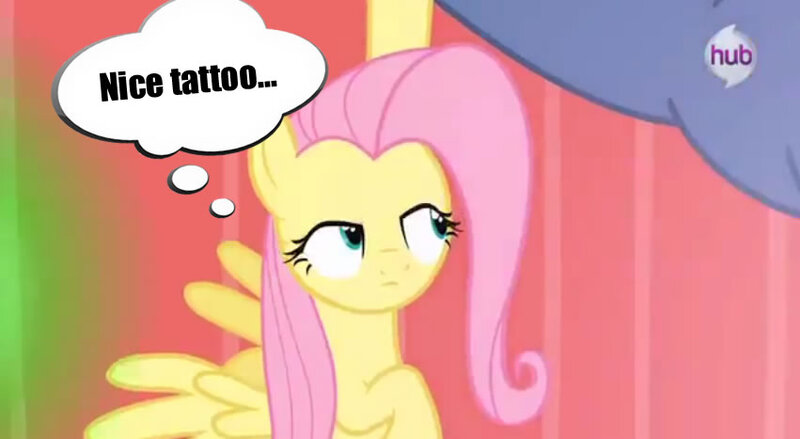 Size: 851x467 | Tagged: safe, derpibooru import, edit, edited screencap, screencap, fluttershy, iron will, pegasus, pony, female, female focus, hub logo, hubble, implied ironshy, implied shipping, implied straight, lidded eyes, mare, solo focus, text, thinking