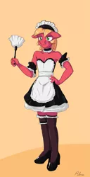 Size: 639x1248 | Tagged: anthro, armpits, artist:alasou, big macintosh, clothes, crossdressing, derpibooru import, duster, high heels, maid, safe, skirt, solo, stockings