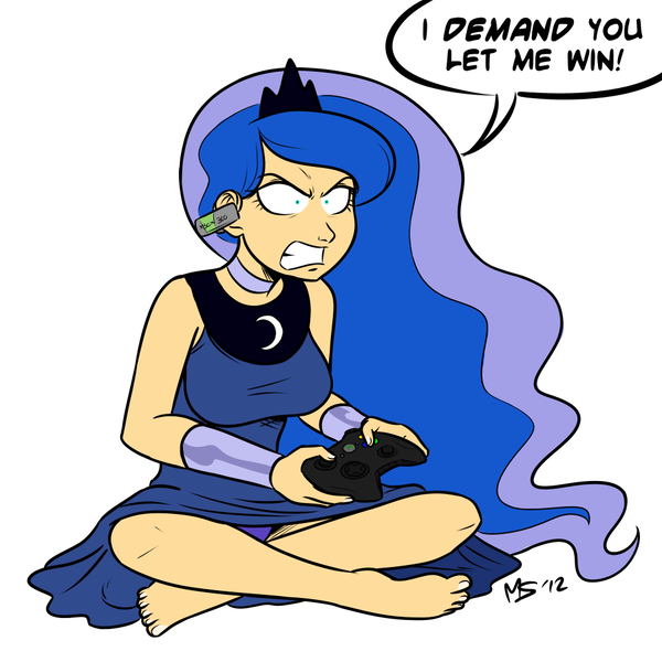 Size: 962x962 | Tagged: angry, artist:megasweet, artist:monochromatic, clothes, derpibooru import, dress, gamer luna, humanized, panties, princess luna, purple underwear, safe, simple background, sitting, skirt, solo, traditional royal canterlot voice, underwear, upskirt, video game, xbox, xbox 360