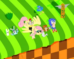 Size: 900x709 | Tagged: angel bunny, animal friends, artist:php21, bird, chicken, classic sonic, crossover, cucky, derpibooru import, flicky, fluttershy, green hill zone, pecky, penguin, picky, pig, rabbit, ricky, rocky, safe, sonic the hedgehog, sonic the hedgehog (series), source needed, squirrel, walrus