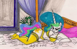 Size: 1377x877 | Tagged: anthro, artist:newyorkx3, bed, belly button, breasts, busty princess celestia, clothes, derpibooru import, female, lingerie, panties, pinup, plantigrade anthro, princess celestia, snow, snowfall, stockings, suggestive, traditional art, underwear