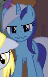 Size: 217x347 | Tagged: safe, derpibooru import, screencap, derpy hooves, merry may, minuette, pegasus, pony, green isn't your color, faic, female, mare, reaction image, solo focus, wavy mouth