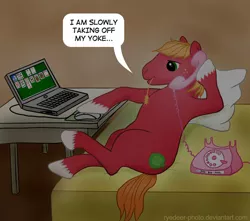 Size: 640x566 | Tagged: safe, artist:el-yeguero, derpibooru import, big macintosh, earth pony, pony, card, computer, laptop computer, male, phone, phone sex, pillow, solitaire, stallion, we don't normally wear clothes