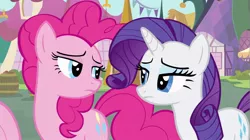 Size: 1279x715 | Tagged: derpibooru import, duo focus, fluttershy, looking at each other, pinkie pie, pinkie pie is not amused, putting your hoof down, rarity, rarity is not amused, safe, screencap, unamused