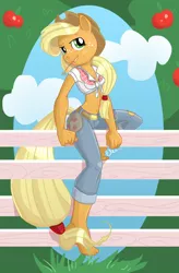 Size: 600x916 | Tagged: anthro, applejack, artist:ellisarts, barefoot, belly button, clothes, derpibooru import, feet, fence, front knot midriff, jeans, midriff, no hooves, plantigrade anthro, safe, sitting, skinny, solo