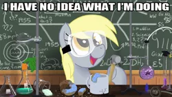 Size: 640x360 | Tagged: safe, artist:zicygomar, derpibooru import, derpy hooves, princess luna, smooze, pegasus, pony, algebra, beaker, bunsen burner, buzzbomber, carrot, chalkboard, crossover, derp, donut, equation, female, filly, flask, g1, goggles, hammer, hoof hold, i have no idea what i'm doing, image macro, lab, math, muffin, mug, open mouth, science, smiling, sonic the hedgehog (series), this will end in science, this will not end well, timeline, waspinator, woona, woonoggles, younger