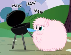 Size: 500x385 | Tagged: artist:mixermike622, ask, barbeque, derpibooru import, feather, fluffy, grill, laughing, oc, oc:fluffle puff, safe, solo, tickling, tumblr:ask fluffle puff, unofficial characters only, wat