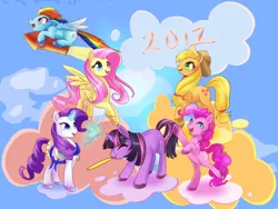 Size: 2000x1500 | Tagged: 2012, applejack, artist:hylianguardians, cloud, cloudy, derpibooru import, eyes closed, fluttershy, magic, mane six, pinkie pie, rainbow dash, rarity, rocket, safe, twilight sparkle, unshorn fetlocks