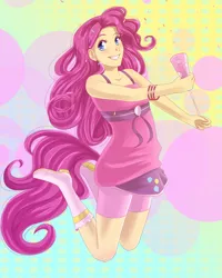 Size: 800x1000 | Tagged: artist:hylianguardians, derpibooru import, female, humanized, jumping, noisemaker, pinkie pie, safe, smiling, solo, tailed humanization