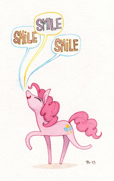 Size: 1211x1920 | Tagged: safe, derpibooru import, pinkie pie, smiling, solo, speech bubble, traditional art