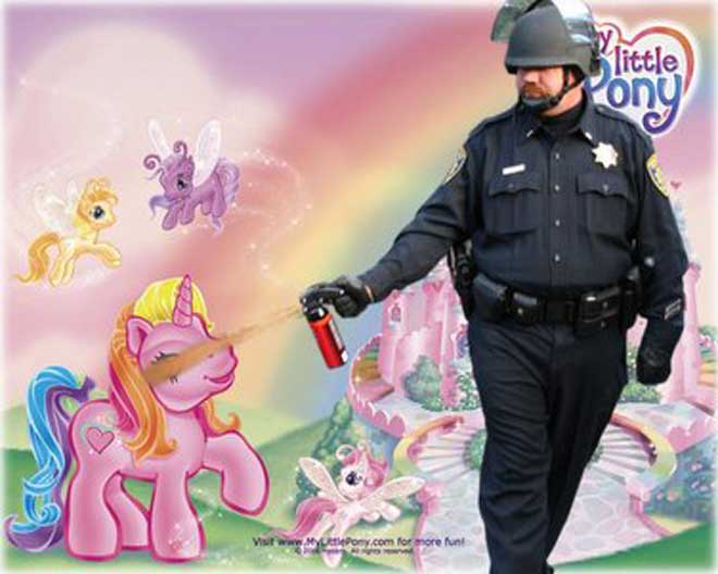 Size: 660x528 | Tagged: derpibooru import, g3, john pike, not salmon, pepper spray, pepper spray cop, police, safe, wat