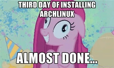 Size: 400x240 | Tagged: arch linux, derp, derpibooru import, floppy ears, grin, image macro, linux, meme, pinkamena diane pie, pinkie pie, safe, smiling, solo, text, wide eyes