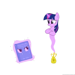 Size: 1400x1400 | Tagged: artist:navitaserussirus, asktwixiegenies, book, dead source, derpibooru import, genie, inanimate tf, magic lamp, objectification, safe, transformation, trixie, twilight sparkle