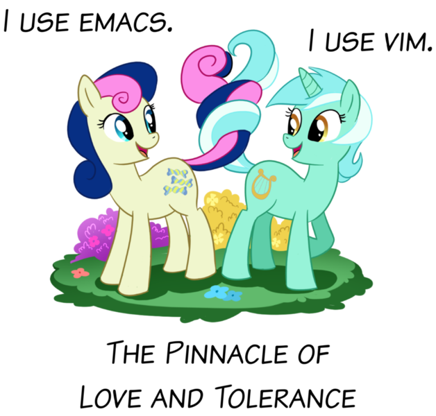 Size: 900x860 | Tagged: safe, artist:madmax, derpibooru import, edit, bon bon, lyra heartstrings, sweetie drops, earth pony, pony, unicorn, best friends, emacs, female, intertwined tails, lesbian, linux, lyrabon, shipping, simple background, transparent background, vim