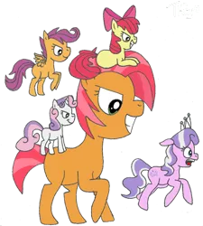 Size: 600x666 | Tagged: safe, artist:twitterfulpony, derpibooru import, apple bloom, babs seed, diamond tiara, scootaloo, sweetie belle, pony, chase, cutie mark crusaders, flying, giant pony, giant/macro/mega babs seed, macro