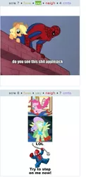 Size: 271x555 | Tagged: 60s spider-man, applejack, derpibooru, derpibooru import, exploitable meme, fluttershy, juxtaposition, juxtaposition win, meme, meta, pinkie pie, safe, spider-man, vulgar