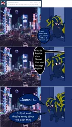 Size: 1134x2003 | Tagged: safe, artist:lunaprotege, artist:zeroblue4, derpibooru import, oc, unofficial characters only, bat pony, human, pony, ask sburb ponies, ask, blue shift, bus, car, city, earth, tumblr