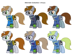 Size: 3562x2714 | Tagged: safe, artist:pika-robo, artist:rhodarein, derpibooru import, oc, oc:littlepip, unofficial characters only, pony, unicorn, fallout equestria, fanfic, alternate costumes, clothes, fanfic art, female, hooves, horn, mare, palette swap, pipbuck, recolor, saddle bag, simple background, solo, text, transparent background, vault suit