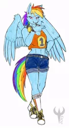 Size: 400x736 | Tagged: anthro, artist:ethanqix, belly button, clothes, derpibooru import, headphones, midriff, piercing, rainbow dash, safe, shirt, shoes, shorts, sneakers, socks, solo, watch