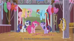 Size: 856x472 | Tagged: balloon, derpibooru import, fluttershy, pinkie pie, rainbow dash, rarity, safe, screencap, the last roundup, twilight sparkle, youtube caption