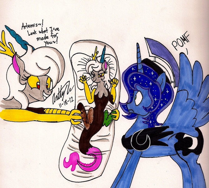 Size: 1500x1350 | Tagged: arteris, artist:newyorkx3, body pillow, derpibooru import, dialogue, discord, eris, pomf, prince artemis, princess luna, rule 63, safe, traditional art, wingboner