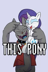 Size: 1000x1482 | Tagged: safe, artist:klondike, derpibooru import, rarity, rover, diamond dog, pony, unicorn, laughing, meme, ponified meme, simple background, text, white background