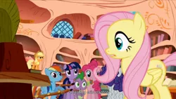 Size: 1176x662 | Tagged: applejack, appletini, bridle gossip, derpibooru import, eric clapton, flutterguy, fluttershy, hairity, micro, pinkie pie, rainbow crash, rainbow dash, rarity, safe, screencap, spike, spitty pie, twilight flopple, twilight sparkle, youtube caption